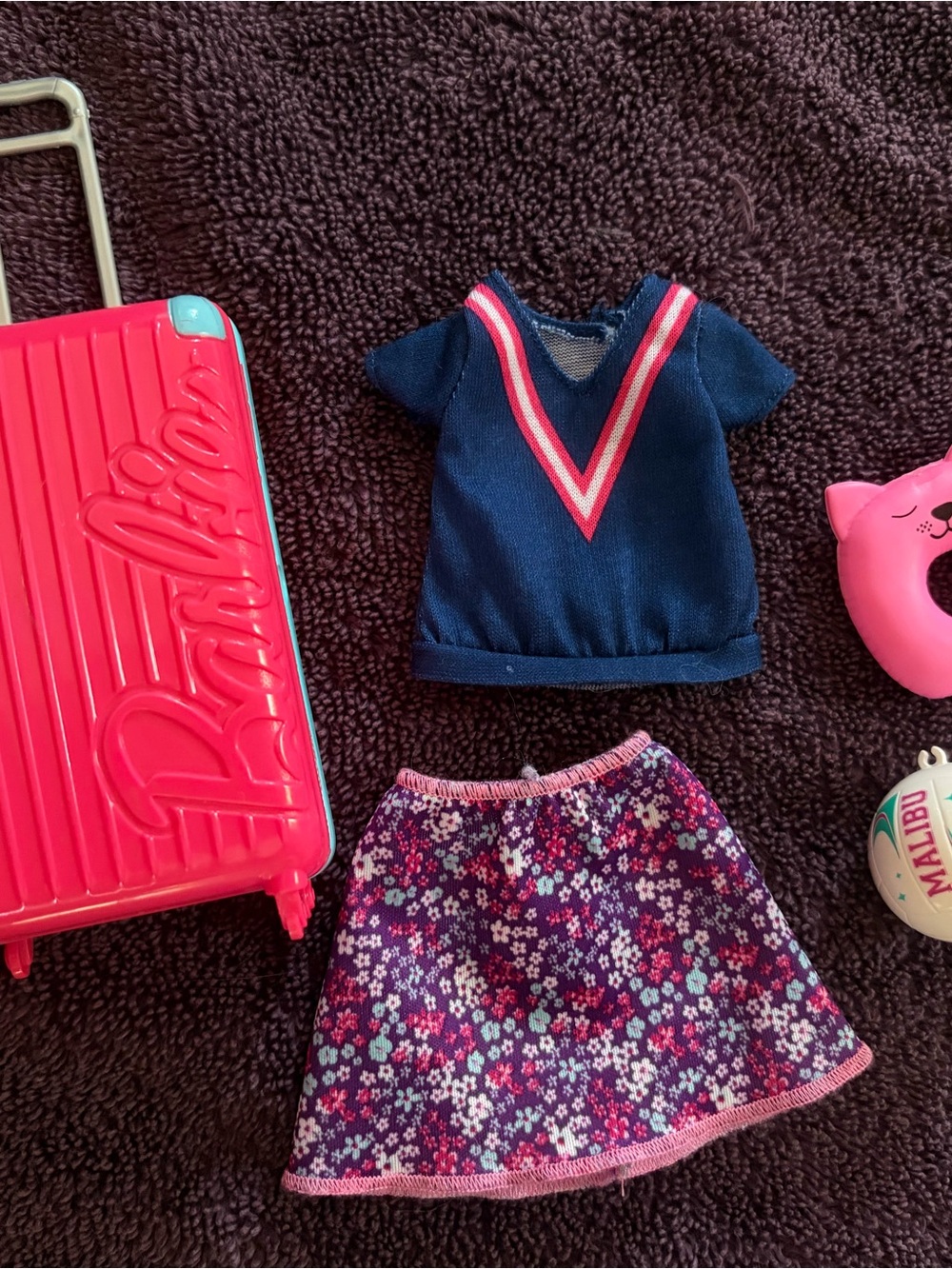 Barbie Top with Pink-Trim Floral Skirt with suitcase, ball, and travel pillow